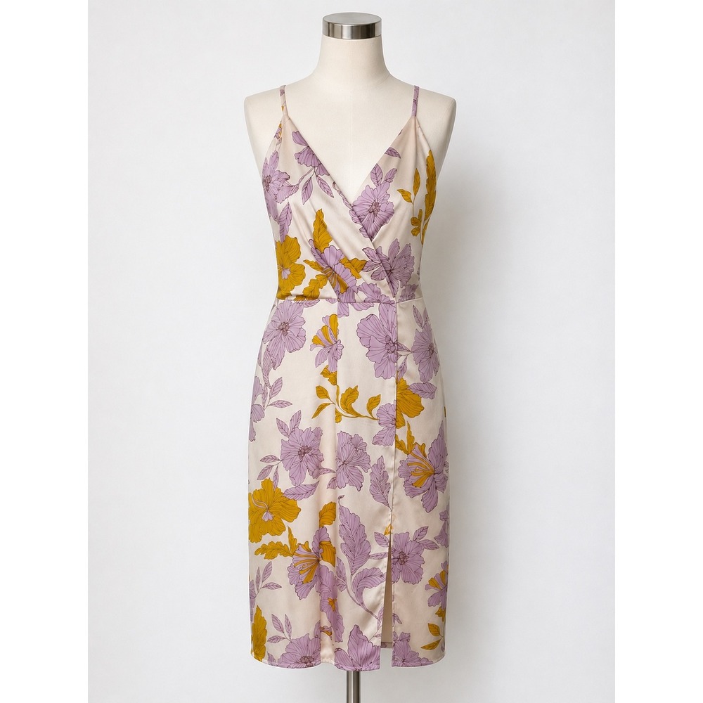 Monteau Los Angeles Floral Satin Wrap Midi Dress Purple Yellow Hibiscus Large